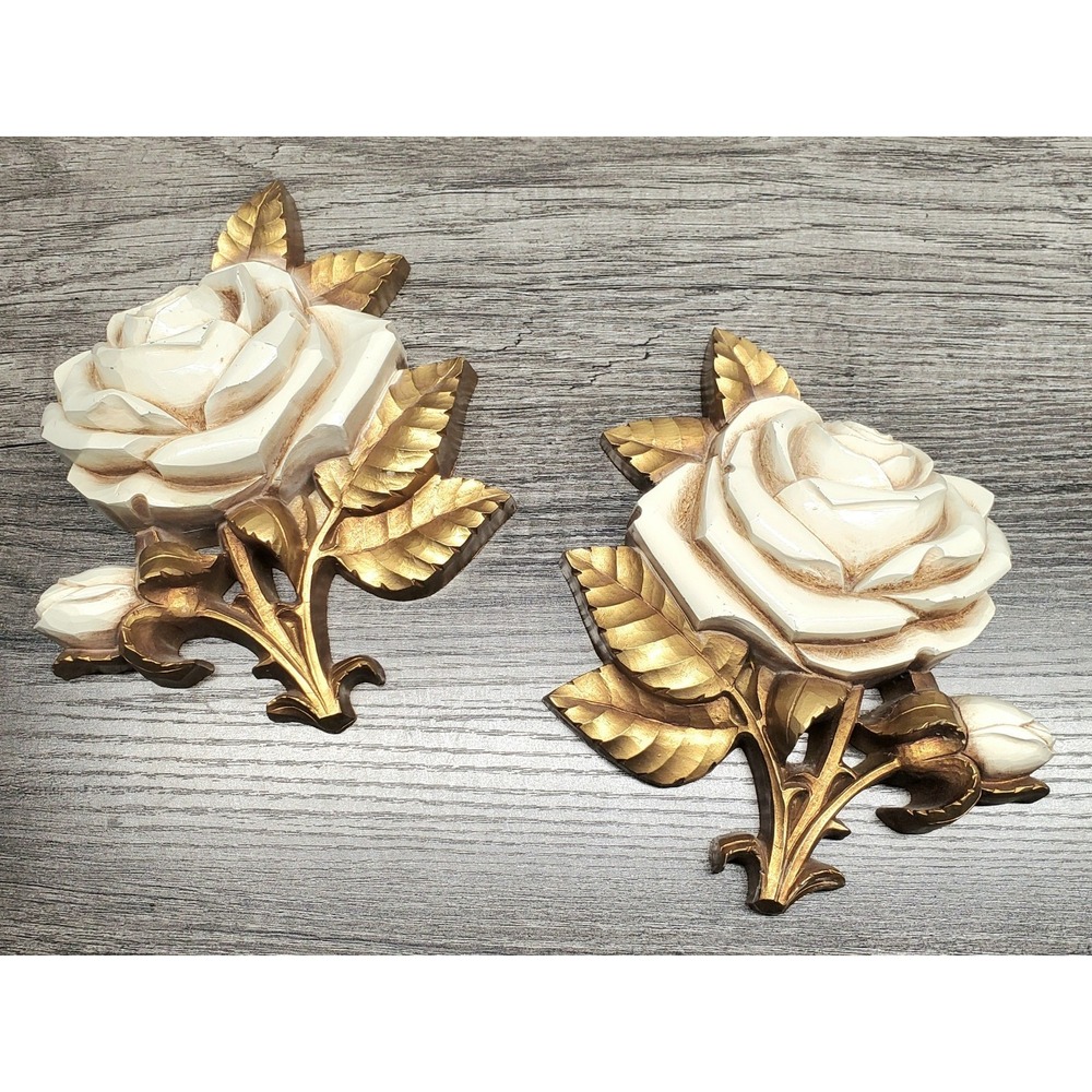Vintage Homco 1970s Hollywood Regency Style Rose Plaques Set Of 2 White Gold EUC